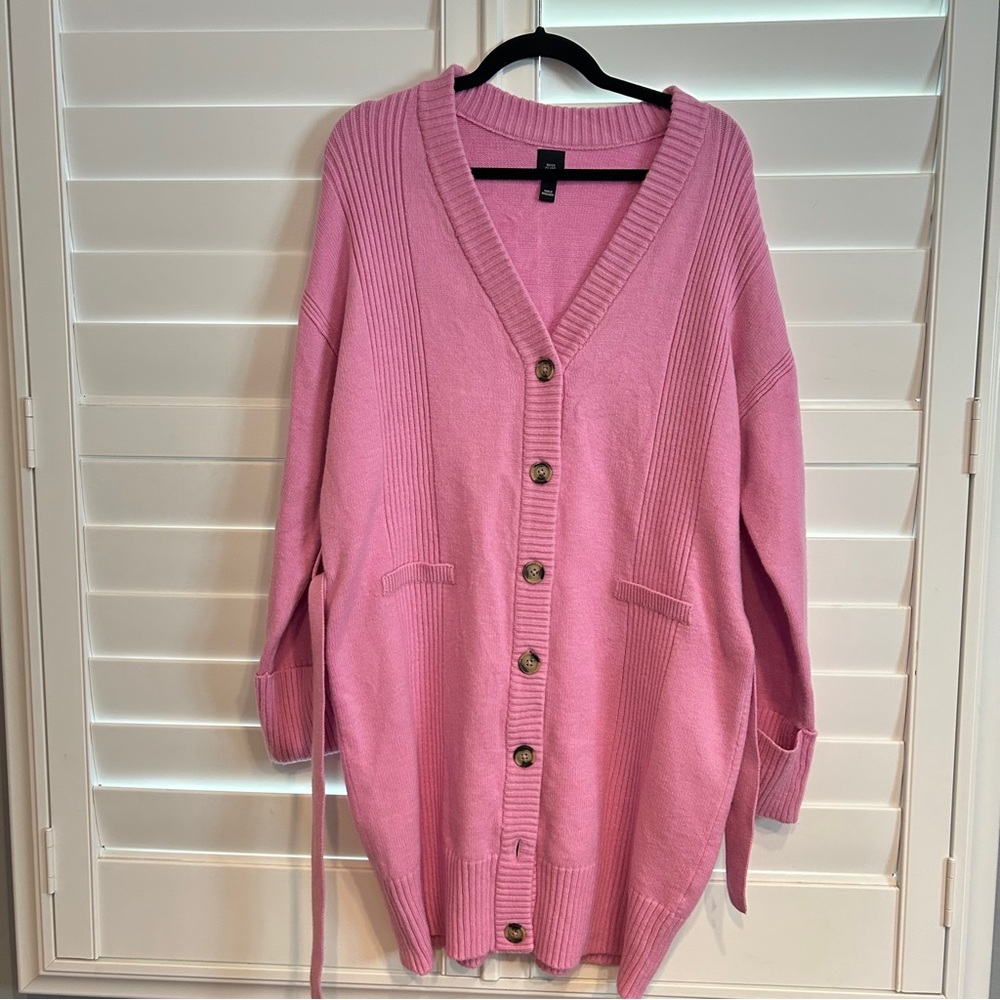 River Island Oversized Vneck Cardigan with Belt Tortoiseshell Buttons Pink